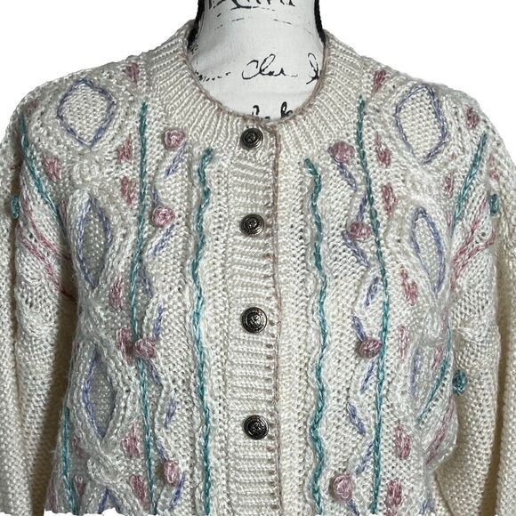 Vintage Russ Studio Crochet Knit Nordic Sweater Cardigan Medium Grandma Pom Pom - Picture 1 of 11